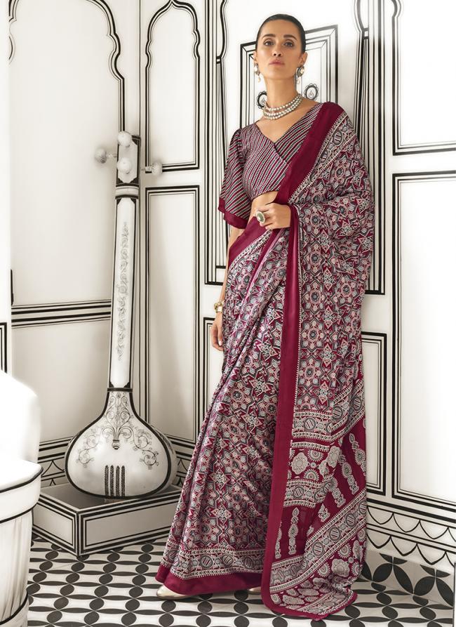 Satin Crape Maroon Casual Wear Ajarkh Digital Print Saree